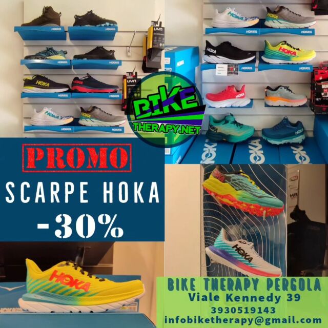 𝐒𝐜𝐚𝐫𝐩𝐞 𝐇𝐨𝐤𝐚 👟👟👟 𝐒𝐔𝐏𝐄𝐑 𝐏𝐑𝐎𝐌𝐎: -𝟑𝟎%

Belle, comode e leggere... E ad un prezzo super! Vieni a provarle!

Hoka One One è l'azienda di scarpe 👟 da #running che cresce più rapidamente nel mondo. Perchè ? Perchè le scarpe consentono al piede di muoversi naturalmente nel massimo comfort. Sono sorprendentemente leggere, tanto da darti la sensazione di star correndo staccato dal suolo. Provare per credere. Perchè correre quando si può volare?
HOKA ONE ONE® è stata creata con un unico obiettivo: facilitare la corsa. Siamo diversi in tutto, dall’estetica delle nostre calzature alle tecnologie che le rendono possibili. Se ne hai mai indossato un paio, sai già che le scarpe HOKA fanno la differenza. 
ℹ️Maggiori info: https://www.hokaoneone.eu/it/it/

 Da #BikeTherapyPergola solo il meglio per lo #sport e il tempo libero 🚴‍♂️🏃‍♀️

🕛Questi gli orari del nostro negozio
dal lunedì al venerdì 9.00 12.30 - 16.00 19.30
sabato dalle 9 alle 12 16-19
📍 Pergola _ viale Kennedy 39
📞 3930519143
📧 infobiketherapy@gmail.com

📱E puoi scoprire i nostri prodotti e servizi anche sul nostro sito: https://www.biketherapy.net/

❤️Seguici su #Facebook

#Pergola #bike #run #cicloturismo #biketourism #outdoor #mtb #ciclismo #ebikestyle #ebikelife #abbigliamento #shop #sport #scarpe #shoes