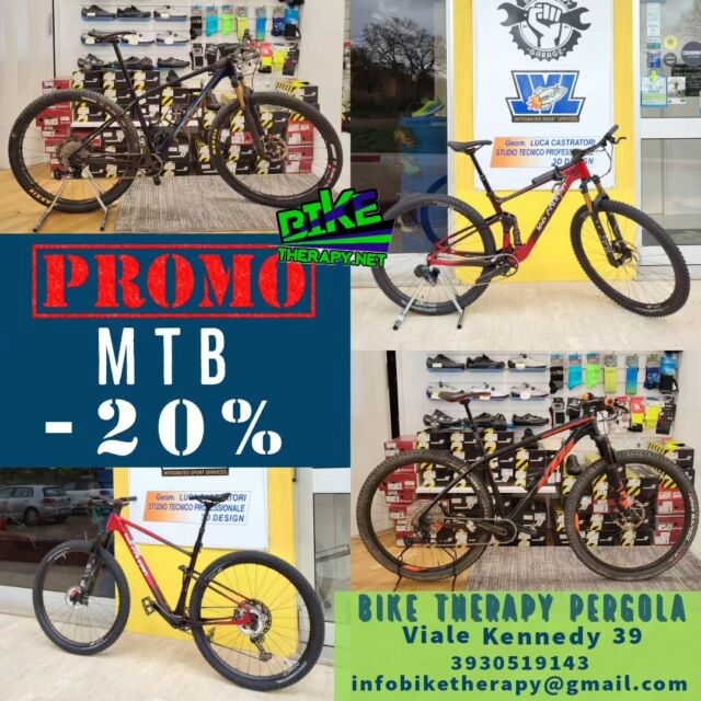 🚴🏻‍♀️ 𝐏𝐫𝐨𝐦𝐨 𝐌𝐓𝐁 -𝟐𝟎%!
Altra ✨SUPER PROMO✨ da Bike Therapy Pergola: per tutto il mese di aprile -20% sulle #mtb in negozio.
E vi ricordiamo che ad aprile puoi usufruire anche dello SCONTO 20% sulle #ebike edel 15% su alcuni modelli e-bike #Atala

𝗕𝗶𝗸𝗲 𝗧𝗵𝗲𝗿𝗮𝗽𝘆 𝗣𝗲𝗿𝗴𝗼𝗹𝗮 🚴‍♀️👕👟🥽 𝘀𝗼𝗹𝗼 𝗶𝗹 𝗺𝗲𝗴𝗹𝗶𝗼 𝗽𝗲𝗿 𝗹𝗼 𝘀𝗽𝗼𝗿𝘁 𝗲 𝗶𝗹 𝘁𝗲𝗺𝗽𝗼 𝗹𝗶𝗯𝗲𝗿𝗼

🟢In negozio puoi trovare biciclette da corsa, e-bike (anche da noleggiare), bici da bambino, MTB, city bike, abbigliamento, accessori, integratori, oltre l'officina meccanica specializzata.
🔵 Tante super occasioni!

🕛Questi gli orari del nostro negozio
dal lunedì al venerdì 8.30 12.30 - 15.30 19.30
sabato dalle 9 alle 12.30 16-19
📍 Pergola _ viale Kennedy 39
📞 3930519143
📧 infobiketherapy@gmail.com

📱E puoi scoprire i nostri prodotti e servizi anche sul nostro sito: https://www.biketherapy.net/

♥️Seguici su #Facebook

#marche #destinazionemarche #borghi #turismo #marcheoutdoor #bike #cicloturismo #biketourism #outdoor #mtb #Pergola #ebike #abbigliamento #shop #saldi #shoes #bicicletta #pirelli